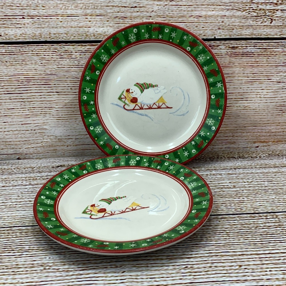 Longaberger Holiday Snowman Sled Ceramic Plate Set of 2 Dinnerware Plates